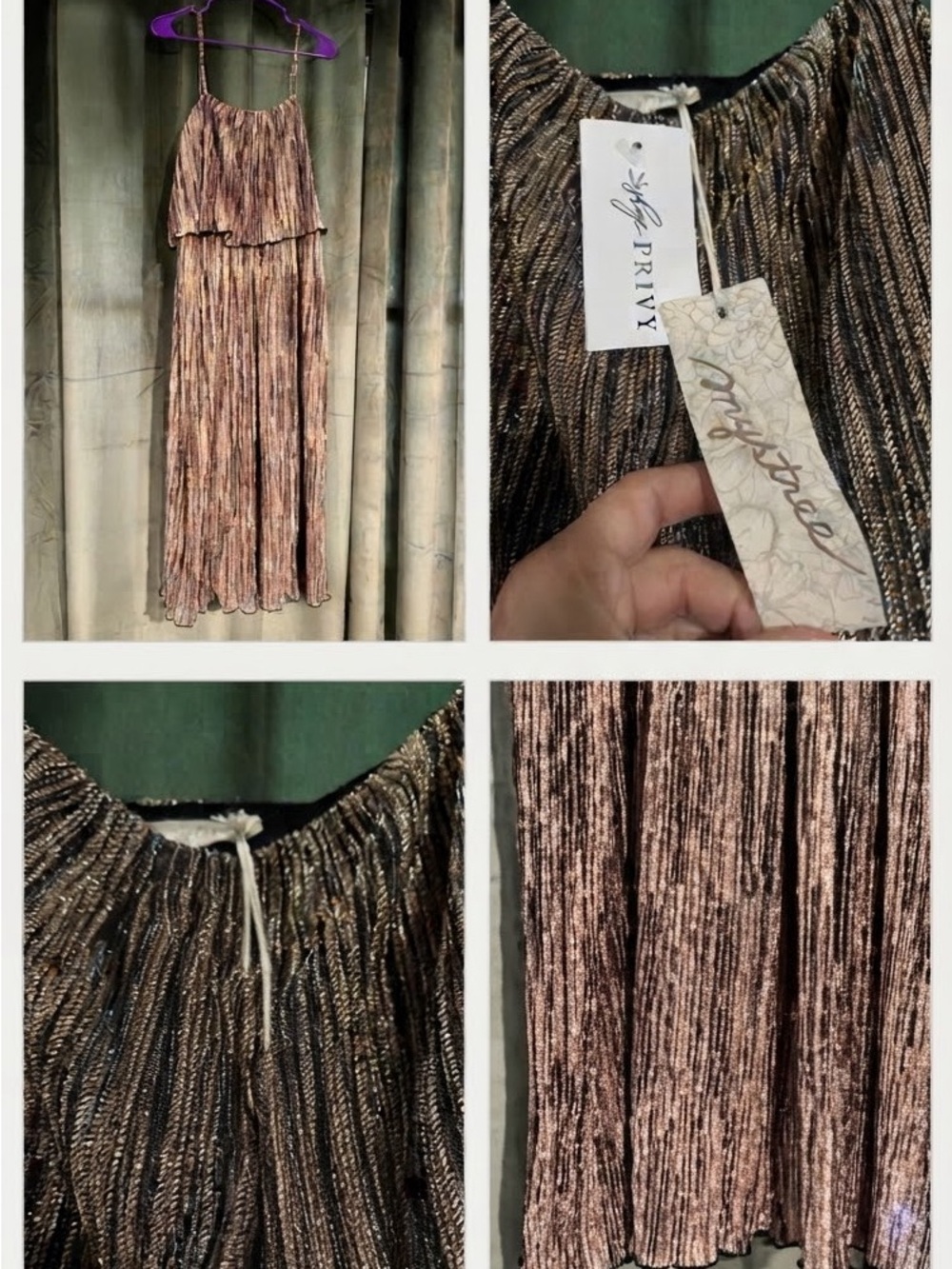 Mystree Rose Gold Metallic Pleated Maxi Skirt